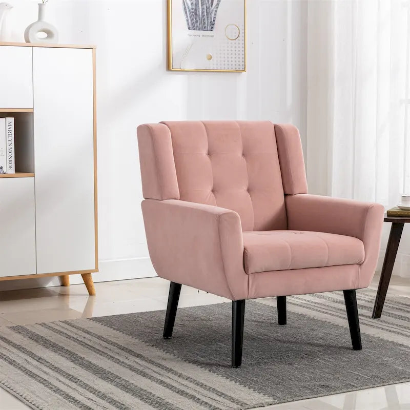 Fauteuil d'appoint capitonné moderne en velours rose de 75 cm avec pieds en bois