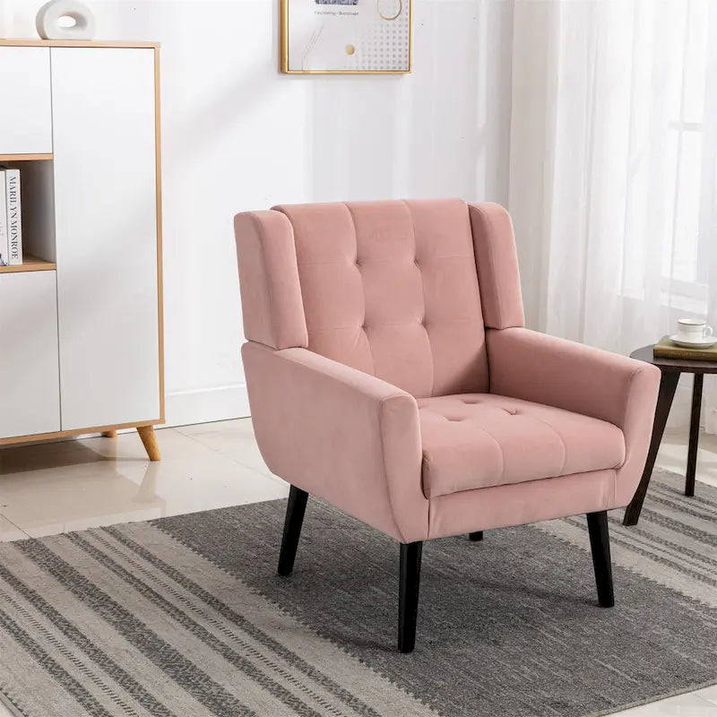 Fauteuil d'appoint capitonné moderne en velours rose de 75 cm avec pieds en bois