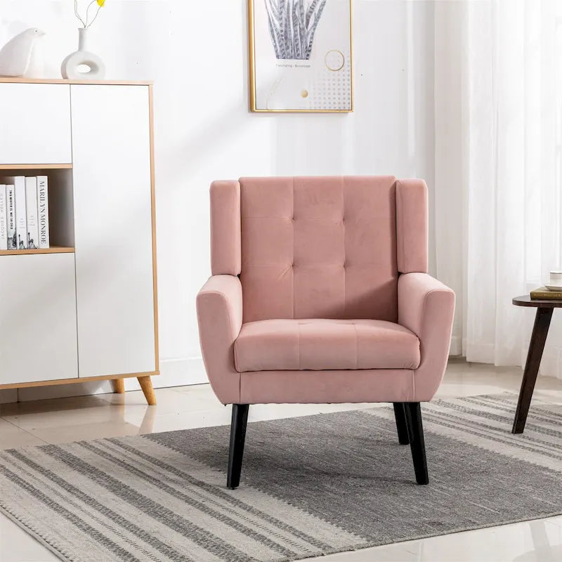 Fauteuil d'appoint capitonné moderne en velours rose de 75 cm avec pieds en bois