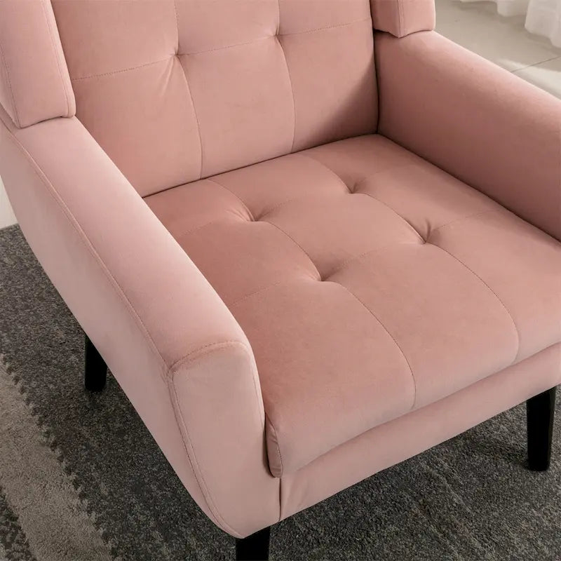 Fauteuil d'appoint capitonné moderne en velours rose de 75 cm avec pieds en bois