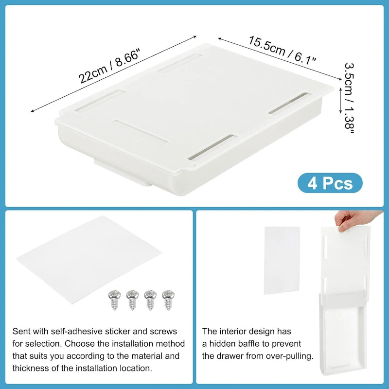 Tiroir de bureau autocollant pour bureau assis-debout, lot de 4 - 22 x 15,5 x 3,5 cm