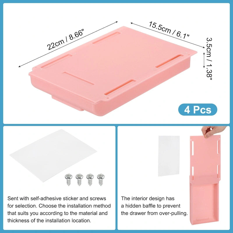 Tiroir de bureau autocollant pour bureau assis-debout, lot de 4 - 22 x 15,5 x 3,5 cm