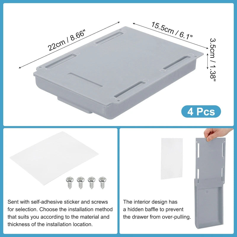 Tiroir de bureau autocollant pour bureau assis-debout, lot de 4 - 22 x 15,5 x 3,5 cm