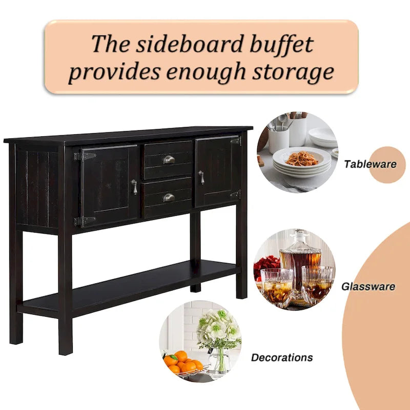 Table Console Buffet en Bois Massif avec 2 Tiroirs, Placards et Étagère Inférieure, Meuble de Rangement pour Salle à Manger