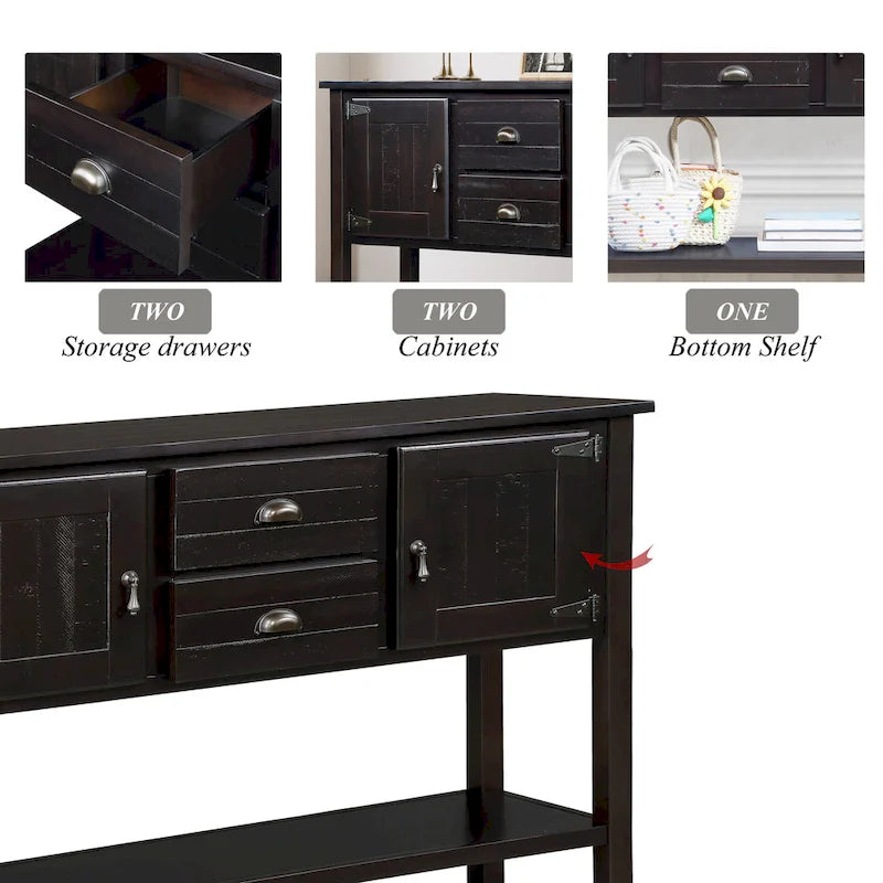 Table Console Buffet en Bois Massif avec 2 Tiroirs, Placards et Étagère Inférieure, Meuble de Rangement pour Salle à Manger