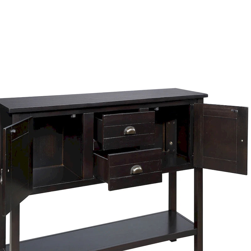 Table Console Buffet en Bois Massif avec 2 Tiroirs, Placards et Étagère Inférieure, Meuble de Rangement pour Salle à Manger