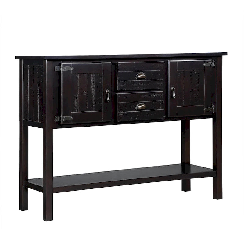 Table Console Buffet en Bois Massif avec 2 Tiroirs, Placards et Étagère Inférieure, Meuble de Rangement pour Salle à Manger