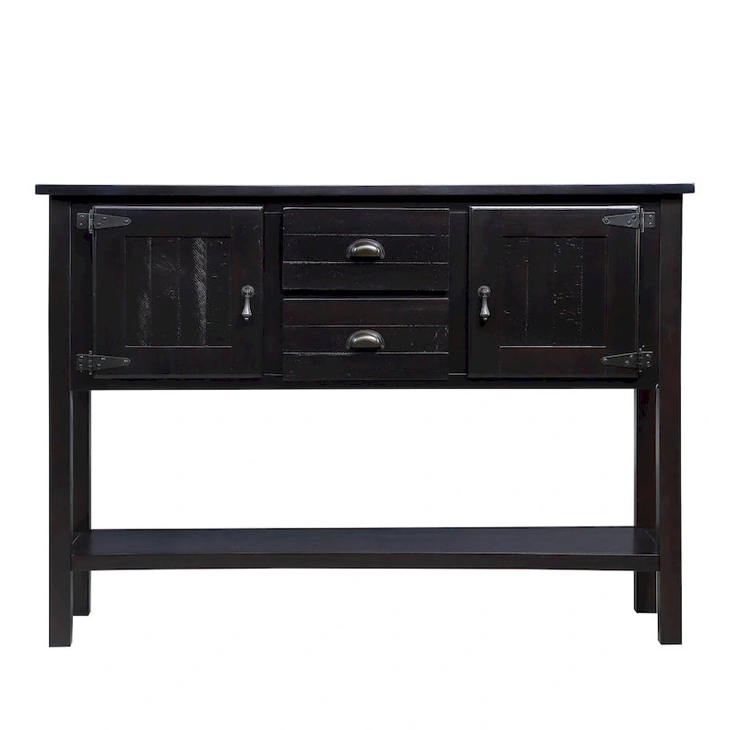 Table Console Buffet en Bois Massif avec 2 Tiroirs, Placards et Étagère Inférieure, Meuble de Rangement pour Salle à Manger