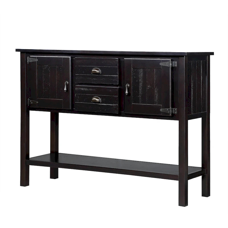 Table Console Buffet en Bois Massif avec 2 Tiroirs, Placards et Étagère Inférieure, Meuble de Rangement pour Salle à Manger
