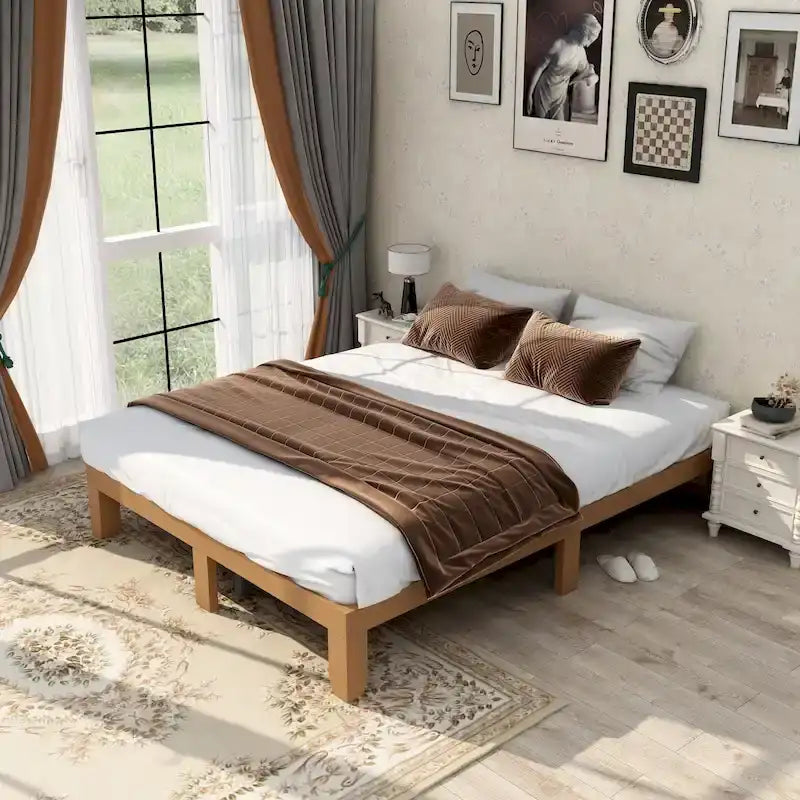 Lit plateforme Queen en bois avec support de lattes en bois solide pour chambre à coucher