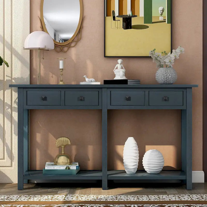 Console d'entrée antique bleu marine avec tiroir et étagère