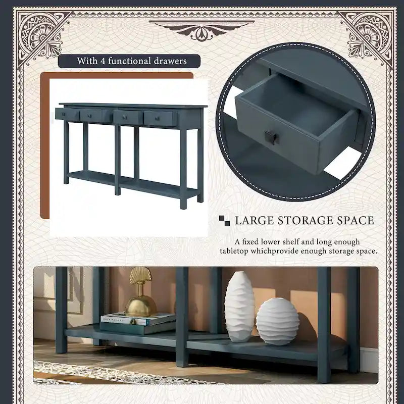 Console d'entrée antique bleu marine avec tiroir et étagère