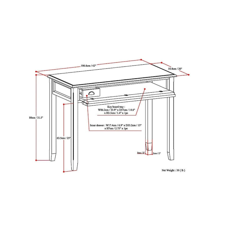 Bureau de travail Portland en BOIS MASSIF de style transitionnel, largeur 42 pouces, brun acajou