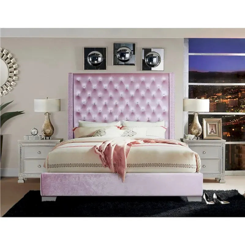 Lit capitonné Newell en velours rose