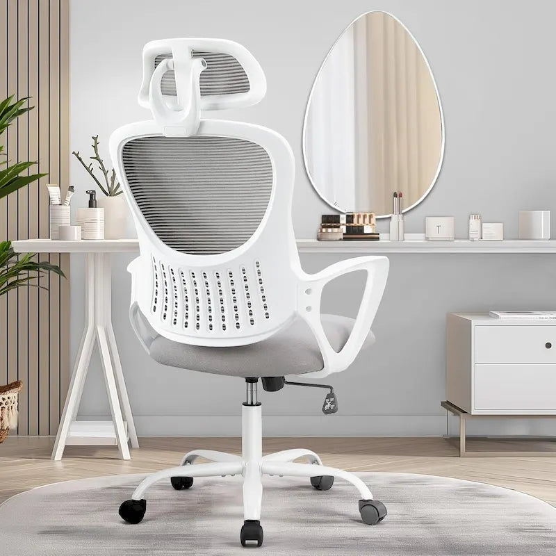 Chaise de bureau ergonomique, Chaise de bureau d'ordinateur confortable en maille à dossier haut avec accoudoirs fixes et appuie-tête réglable, Chaise pivotante à roulettes