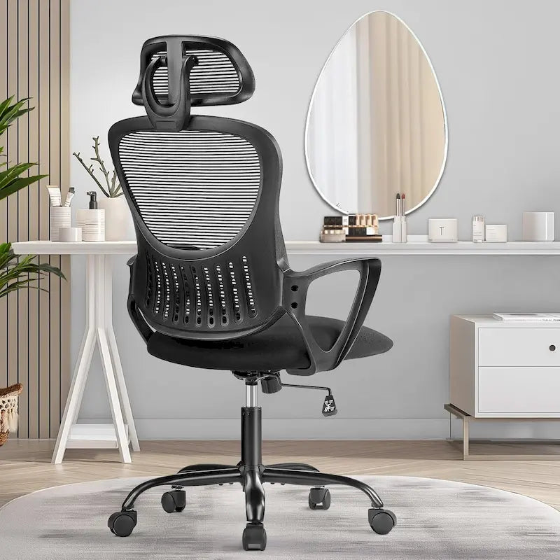 Chaise de bureau ergonomique, Chaise de bureau d'ordinateur confortable en maille à dossier haut avec accoudoirs fixes et appuie-tête réglable, Chaise pivotante à roulettes