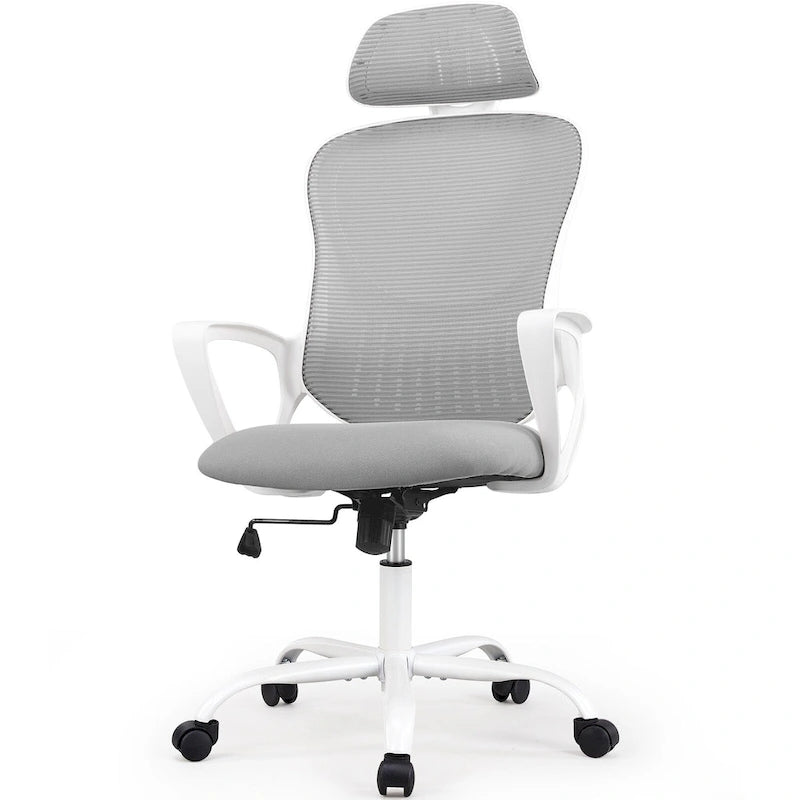 Chaise de bureau ergonomique, Chaise de bureau d'ordinateur confortable en maille à dossier haut avec accoudoirs fixes et appuie-tête réglable, Chaise pivotante à roulettes