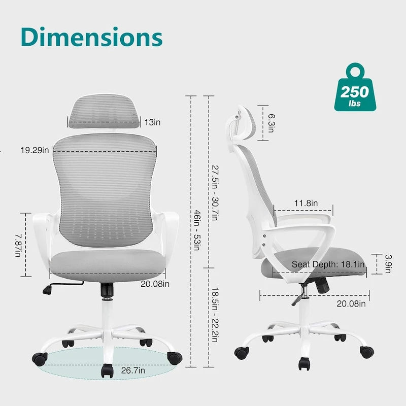 Chaise de bureau ergonomique, Chaise de bureau d'ordinateur confortable en maille à dossier haut avec accoudoirs fixes et appuie-tête réglable, Chaise pivotante à roulettes