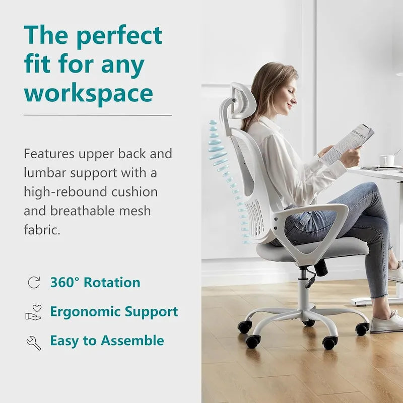 Chaise de bureau ergonomique, Chaise de bureau d'ordinateur confortable en maille à dossier haut avec accoudoirs fixes et appuie-tête réglable, Chaise pivotante à roulettes
