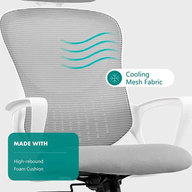 Chaise de bureau ergonomique, Chaise de bureau d'ordinateur confortable en maille à dossier haut avec accoudoirs fixes et appuie-tête réglable, Chaise pivotante à roulettes