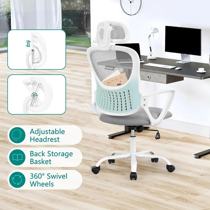 Chaise de bureau ergonomique, Chaise de bureau d'ordinateur confortable en maille à dossier haut avec accoudoirs fixes et appuie-tête réglable, Chaise pivotante à roulettes