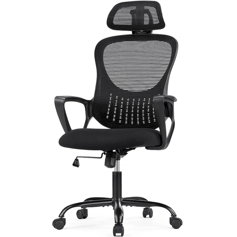 Chaise de bureau ergonomique, Chaise de bureau d'ordinateur confortable en maille à dossier haut avec accoudoirs fixes et appuie-tête réglable, Chaise pivotante à roulettes