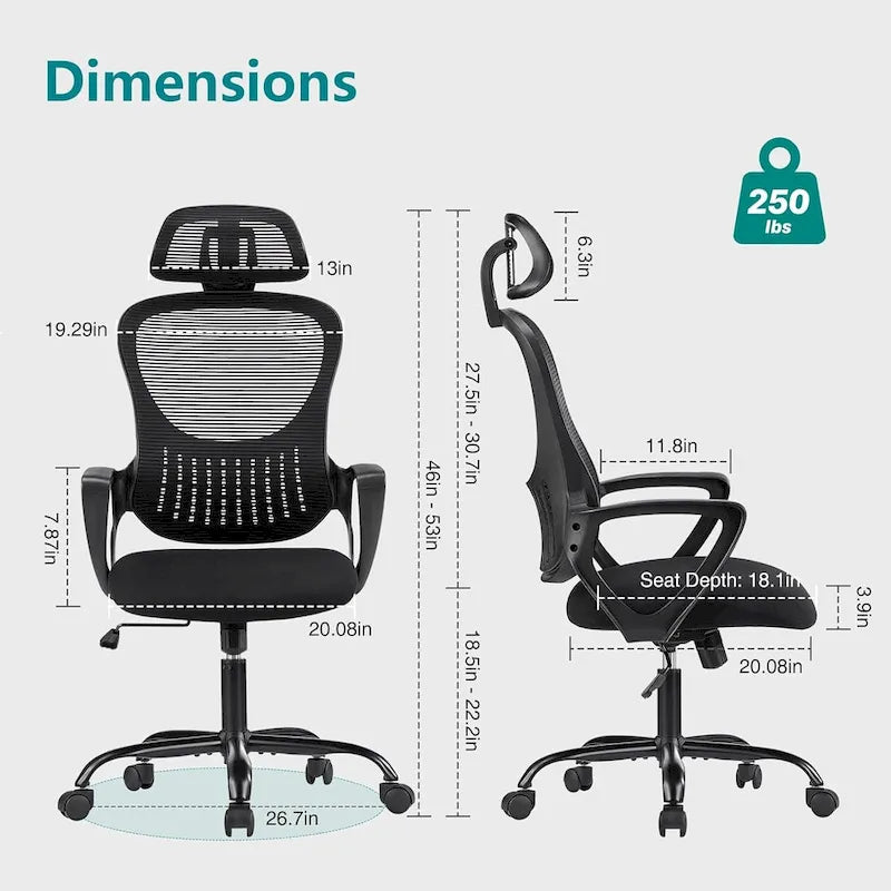 Chaise de bureau ergonomique, Chaise de bureau d'ordinateur confortable en maille à dossier haut avec accoudoirs fixes et appuie-tête réglable, Chaise pivotante à roulettes