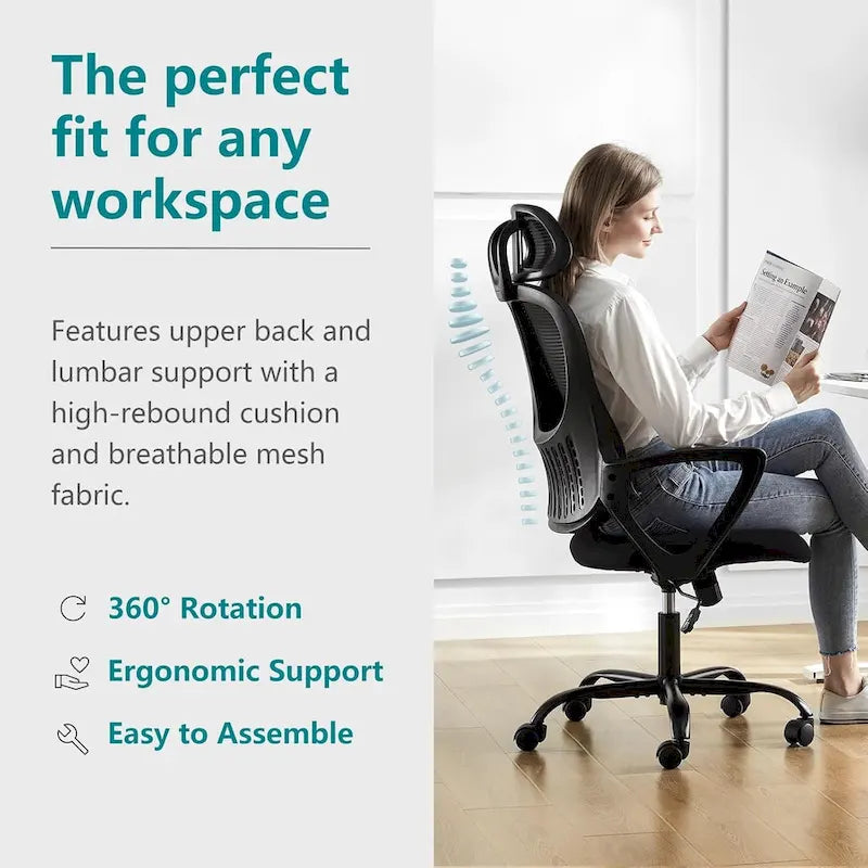 Chaise de bureau ergonomique, Chaise de bureau d'ordinateur confortable en maille à dossier haut avec accoudoirs fixes et appuie-tête réglable, Chaise pivotante à roulettes