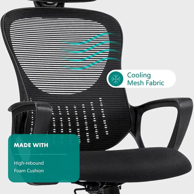 Chaise de bureau ergonomique, Chaise de bureau d'ordinateur confortable en maille à dossier haut avec accoudoirs fixes et appuie-tête réglable, Chaise pivotante à roulettes