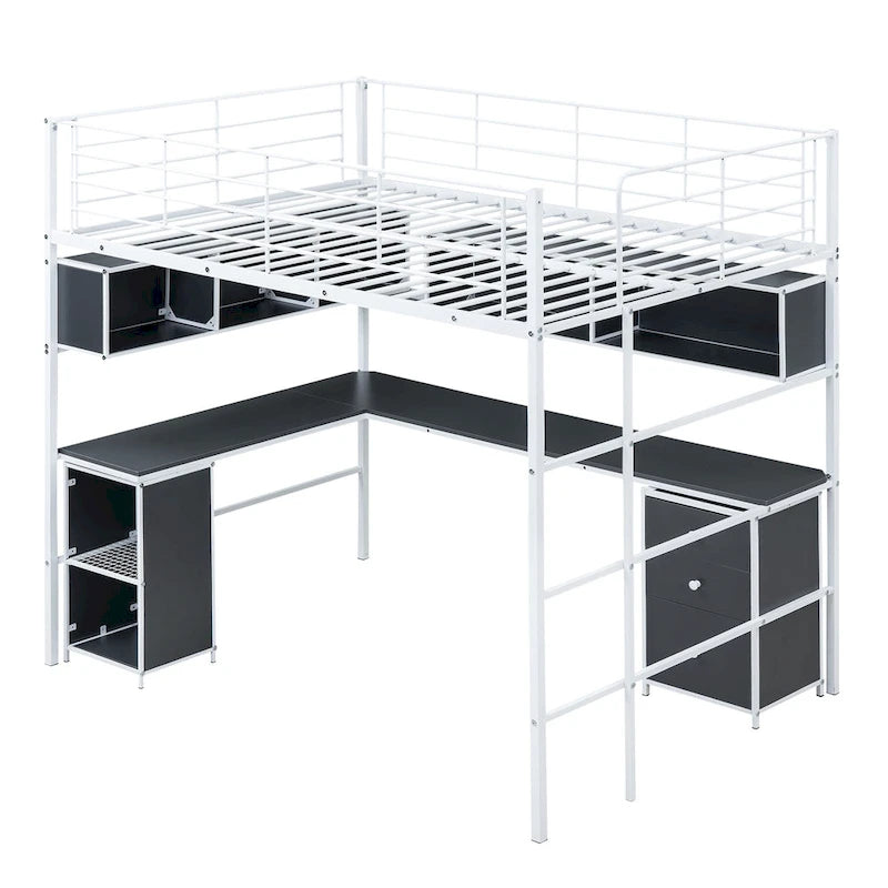 Metal Loft Bed with bookcase, desk and cabinet, Full, Black