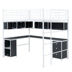 Lit mezzanine en métal avec bibliothèque, bureau et armoire, taille double, noir