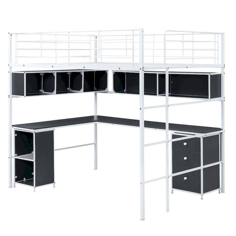 Lit mezzanine en métal avec bibliothèque, bureau et armoire, taille double, noir