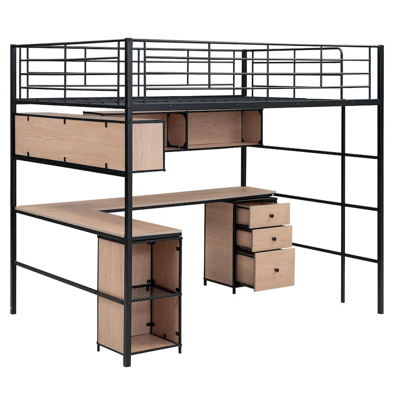 Lit mezzanine en métal avec bibliothèque, bureau et armoire, taille double, noir