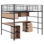 Lit mezzanine en métal avec bibliothèque, bureau et armoire, taille double, noir