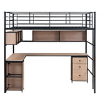 Lit mezzanine en métal avec bibliothèque, bureau et armoire, taille double, noir