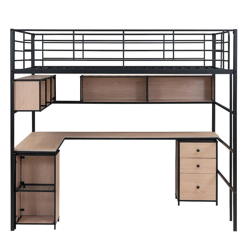 Lit mezzanine en métal avec bibliothèque, bureau et armoire, taille double, noir