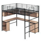 Lit mezzanine en métal avec bibliothèque, bureau et armoire, taille double, noir