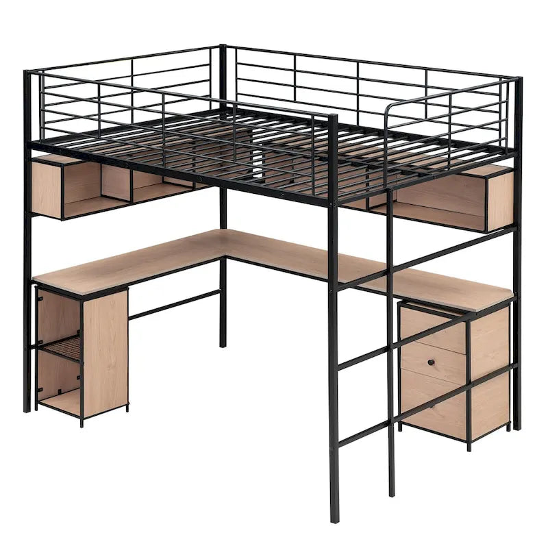 Lit mezzanine en métal avec bibliothèque, bureau et armoire, taille double, noir