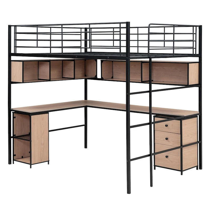 Lit mezzanine en métal avec bibliothèque, bureau et armoire, taille double, noir