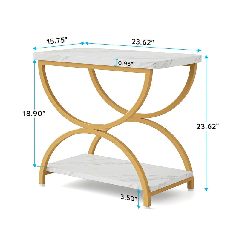 Table d'appoint rectangulaire de 23 pouces avec 2 niveaux et cadre métallique élégant pour chambre à coucher, table de chevet, table de canapé
