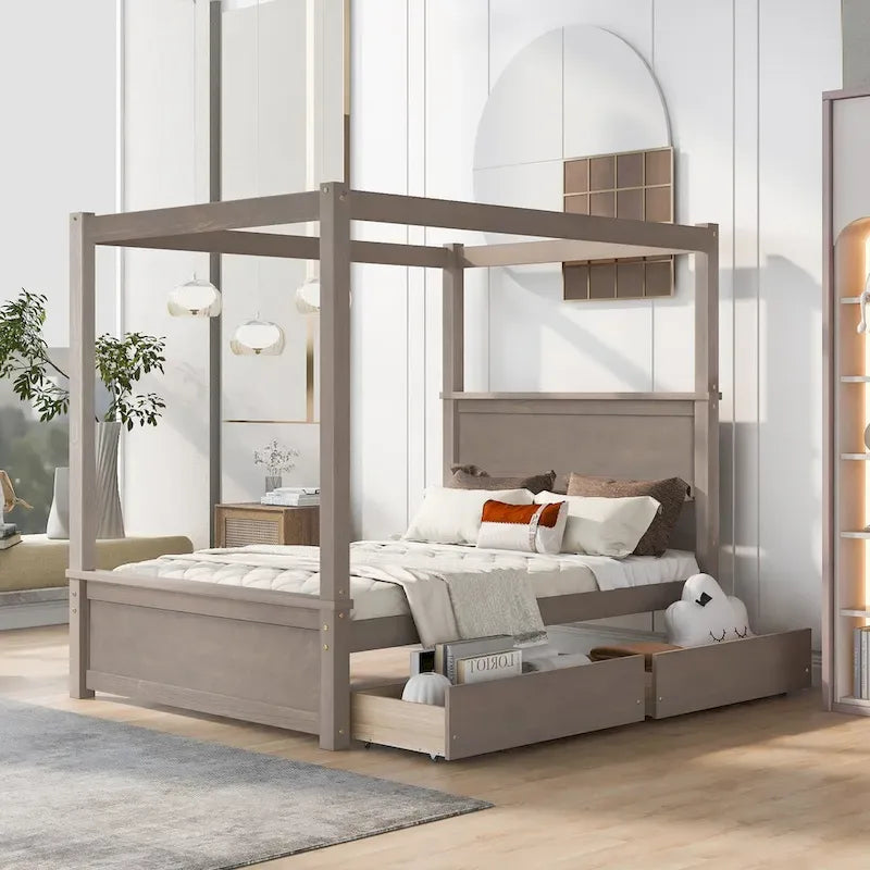 Full Size Wood Canopy Platform bed With Two Drawers