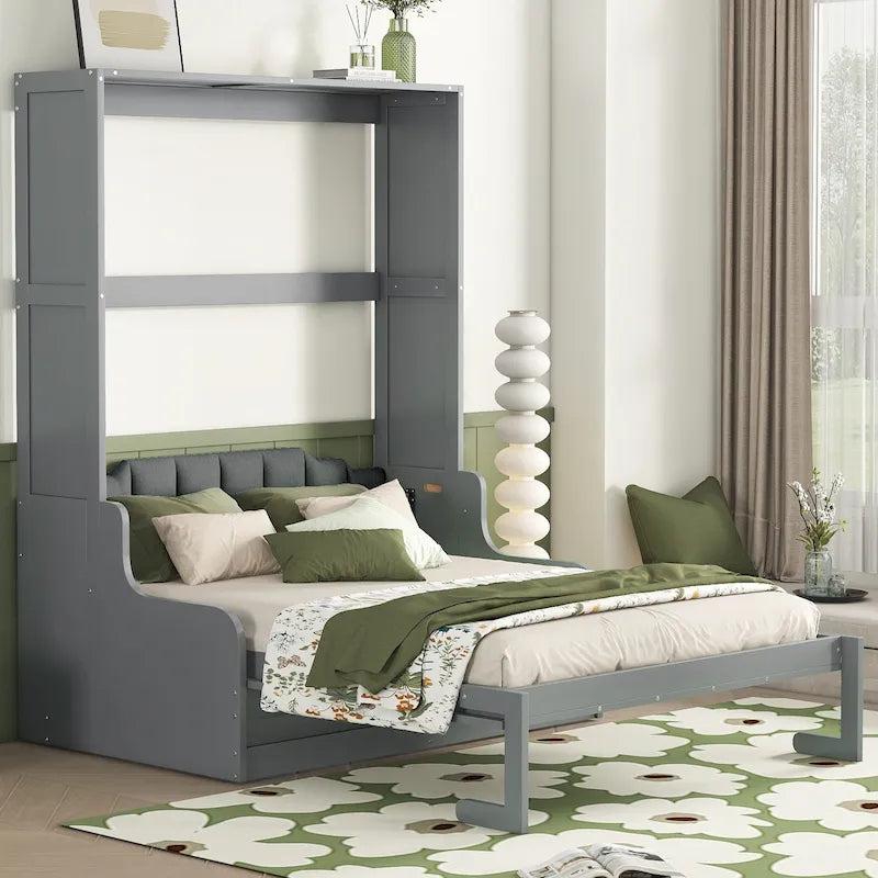 Lit escamotable mural en bois avec coussin