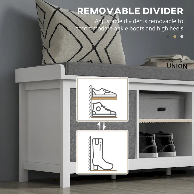 Banc à chaussures avec coussin, banc de rangement d'entrée avec siège rembourré, 2 tiroirs et étagère réglable pour couloir