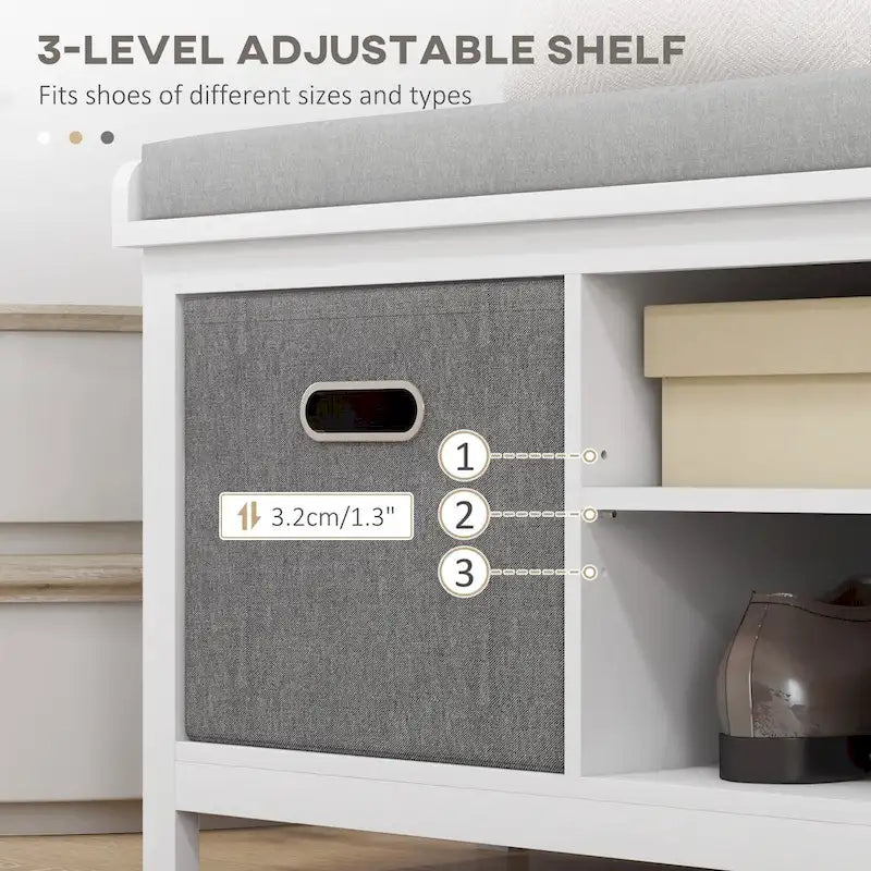 Banc à chaussures avec coussin, banc de rangement d'entrée avec siège rembourré, 2 tiroirs et étagère réglable pour couloir