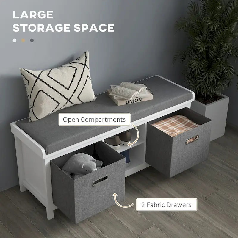 Banc à chaussures avec coussin, banc de rangement d'entrée avec siège rembourré, 2 tiroirs et étagère réglable pour couloir