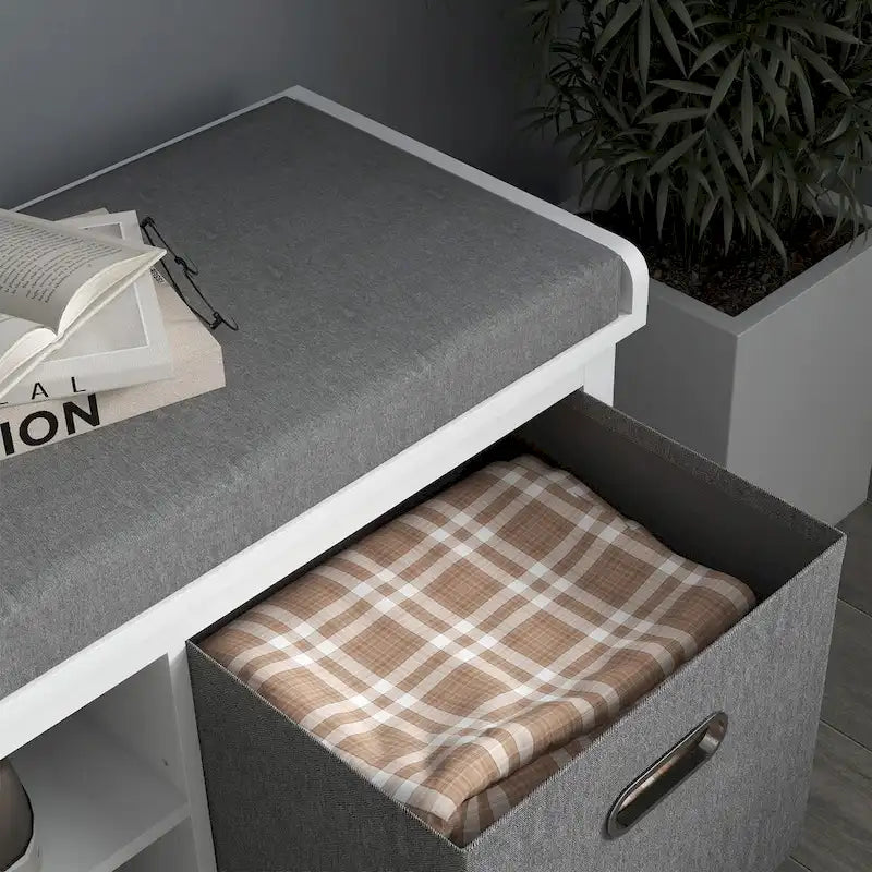 Banc à chaussures avec coussin, banc de rangement d'entrée avec siège rembourré, 2 tiroirs et étagère réglable pour couloir