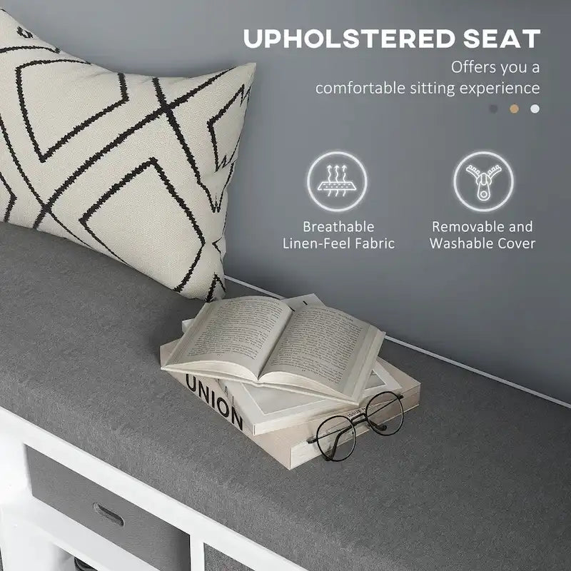 Banc à chaussures avec coussin, banc de rangement d'entrée avec siège rembourré, 2 tiroirs et étagère réglable pour couloir