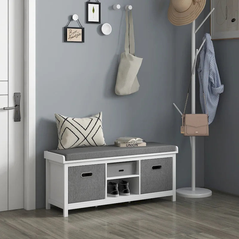 Banc à chaussures avec coussin, banc de rangement d'entrée avec siège rembourré, 2 tiroirs et étagère réglable pour couloir
