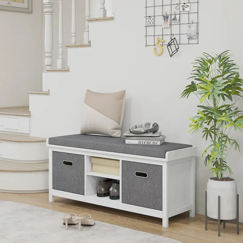 Banc à chaussures avec coussin, banc de rangement d'entrée avec siège rembourré, 2 tiroirs et étagère réglable pour couloir