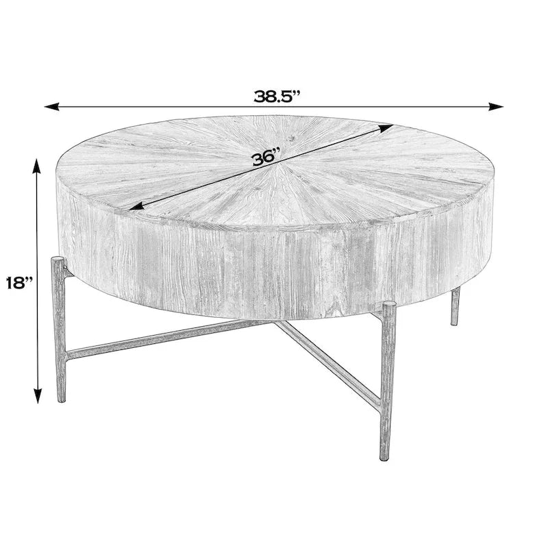 Table basse ronde en bois et fer de 38,5 po (L)